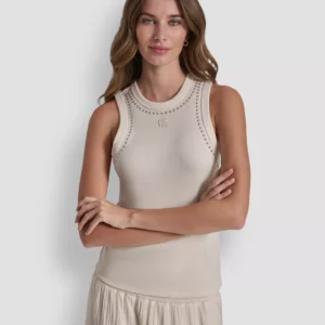 Women's Crew Neck Tank Top With Dome Studs
