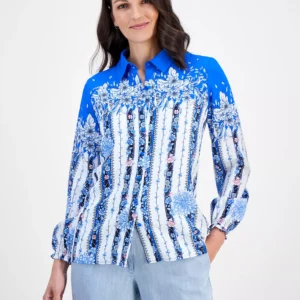 Women's Placed-Floral Button-Down Blouse