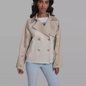 Women's Crop Trench Button-Sleeve Quilted Back Jacket