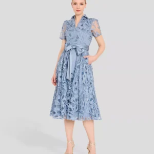 Women's Sequin Detail Collared V-Neck Midi Dress