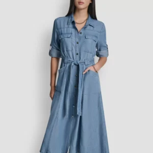 Women's Roll-Tab Sleeve Cargo Collared Dress