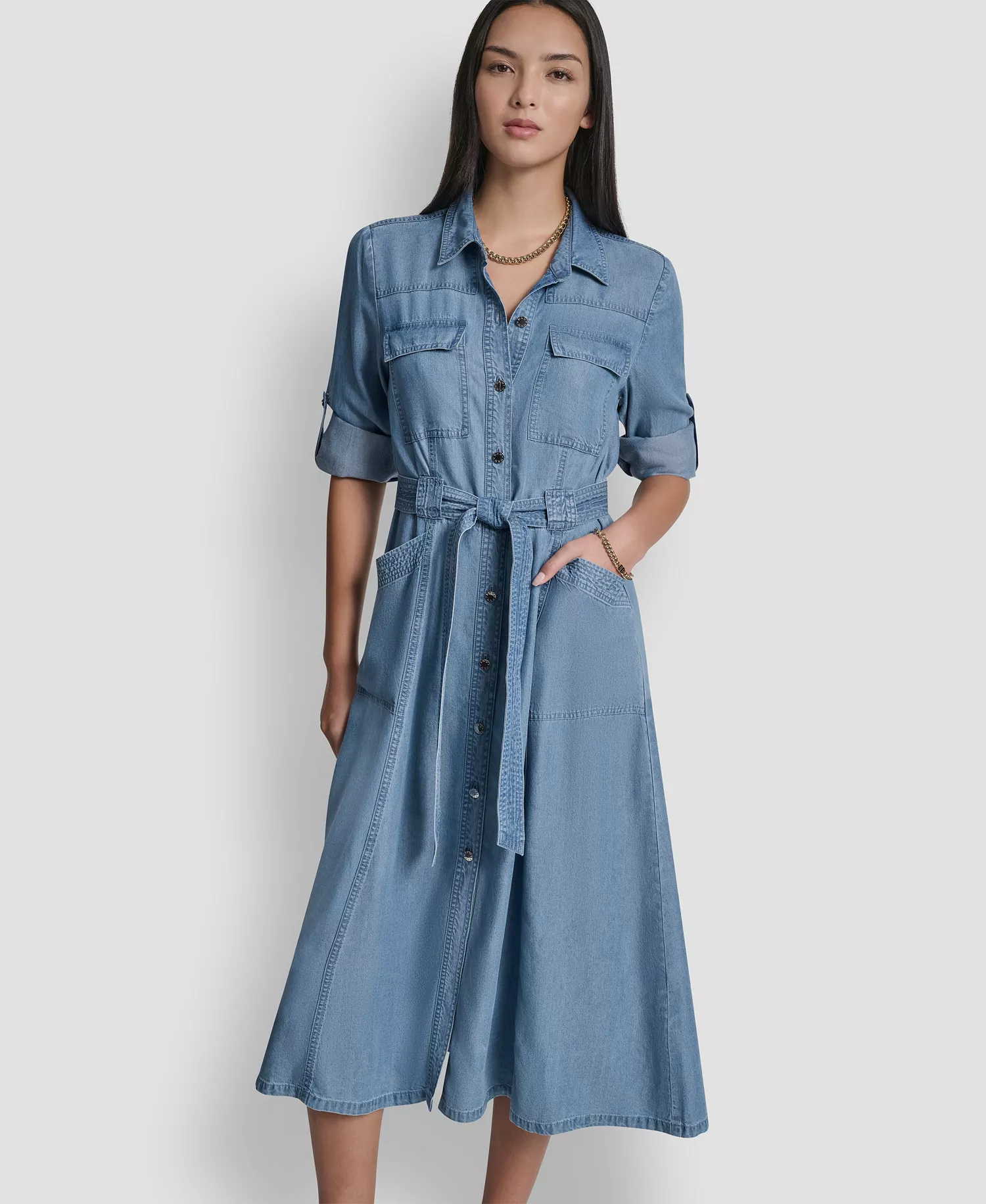 mni-022ebb2f9cc6d689f9c954f428680fd0 Women's Roll-Tab Sleeve Cargo Collared Dress