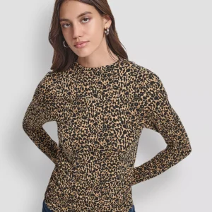 Women's Side Ruched High Neck Long Sleeve Top With Rhinestud Logo