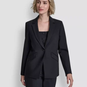 Women's One-Button Notch Collar Jacket, Button Front Vest Top and Pintuck Straight Fit Pants