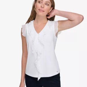Women's Ruffled Mixed-Media Top