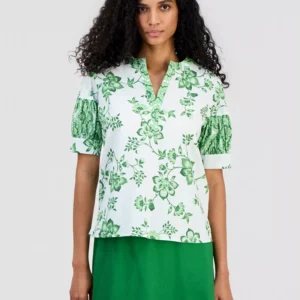 Women's Split-Neck Puffed-Sleeve Top