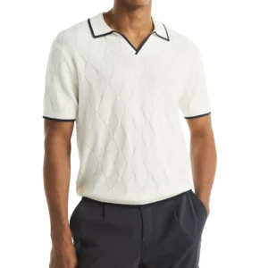 Men's Short Sleeve Textured Argyle Polo Sweater