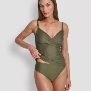 Women's O-Ring-Trim Crossover Ruched Tankini Top