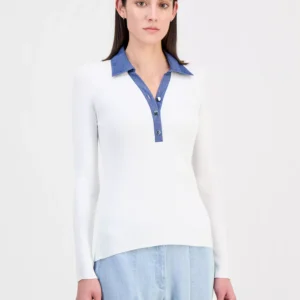 Women's Contrast Collared Ribbed Knit Sweater