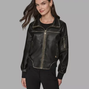Women's Knit-Trim Faux-Leather Jacket