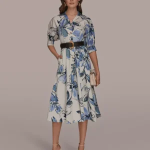 Women's Spread Collar Floral Midi Shirt Dress