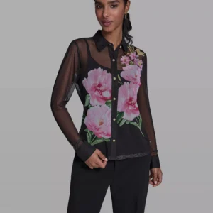 Women's Placed Floral Mesh Collared Shirt