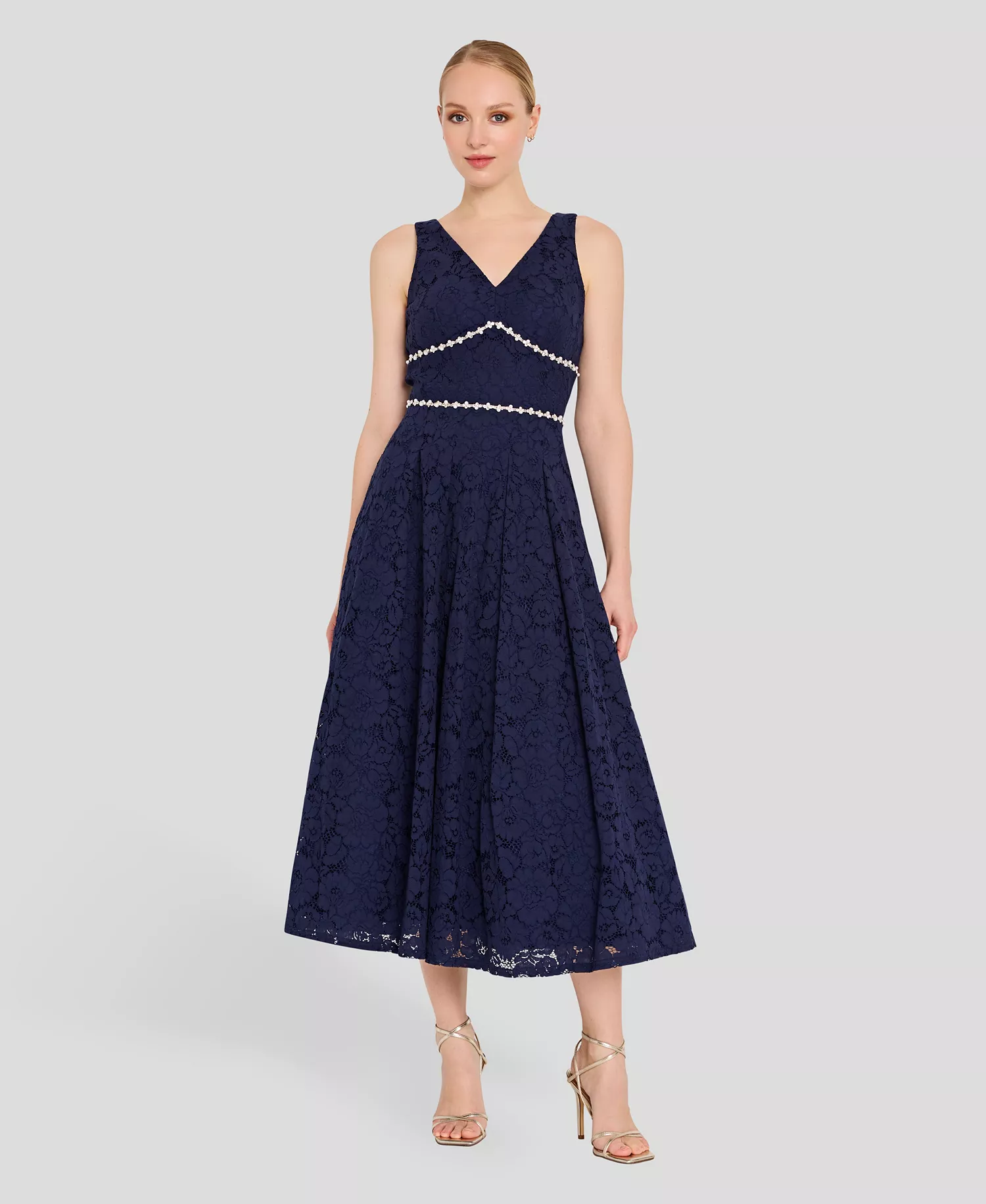 mni-0c4cd759fbd516ee3949107b61de2d98 Women's V-Neck Lace Tea Length Ball Gown