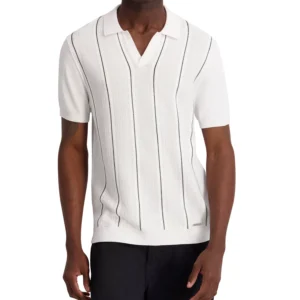 Men's Vertical Stripe Textured Johnny Collar Polo Shirt