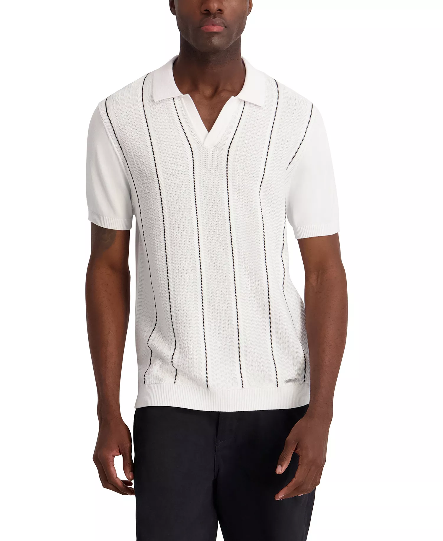 mni-0c92d41b4375db99703593e68f0efa4f Men's Vertical Stripe Textured Johnny Collar Polo Shirt