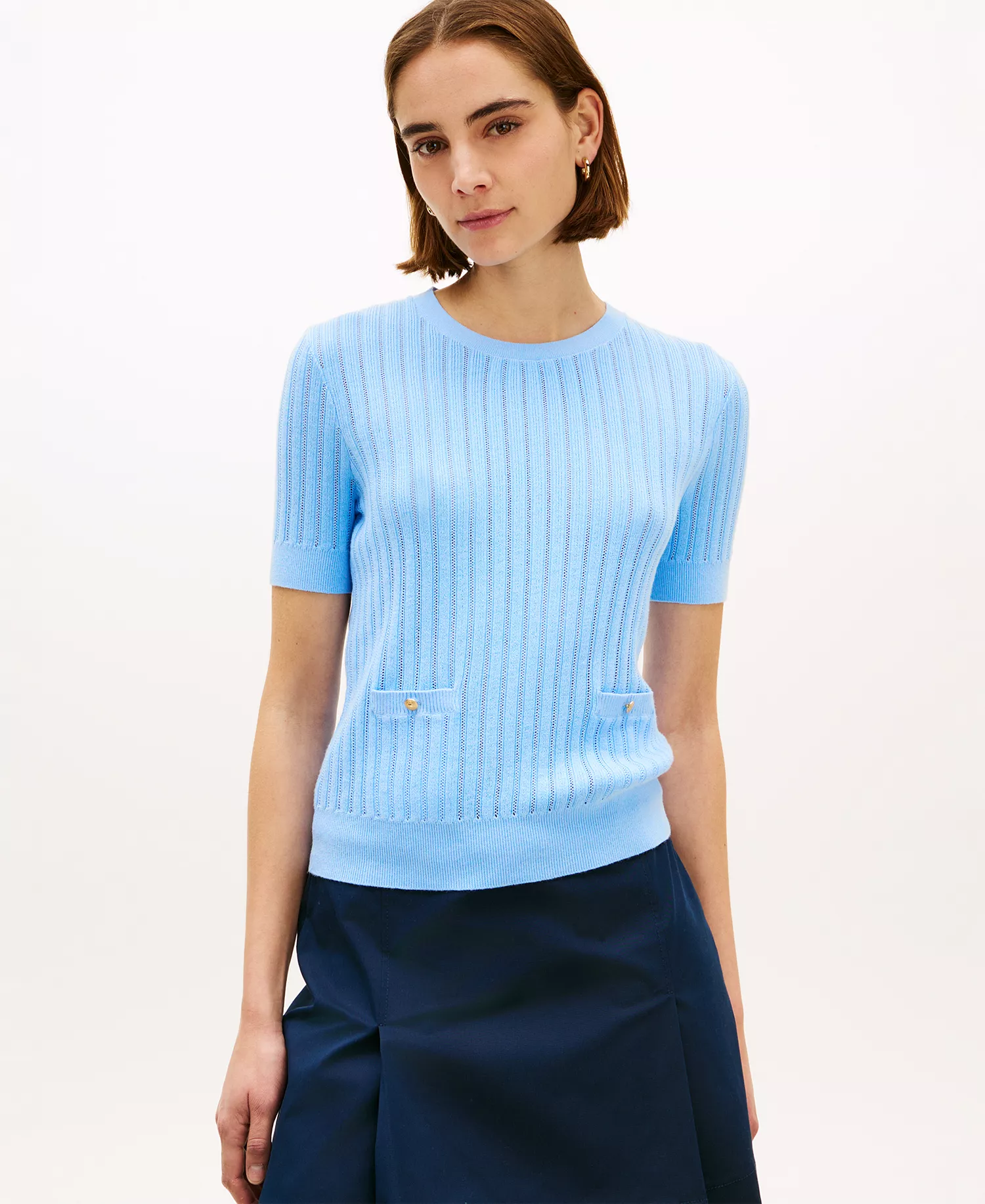 mni-0cd79014d61eceaa09e85d8712b1056f Women's Pointelle Ribbed Short-Sleeve Sweater