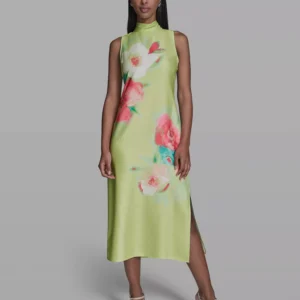Women's Floral Printed Mock Neck Midi Dress
