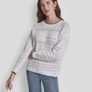 Women's Crew Neck Long-Sleeve Tipped Pointelle Sweater