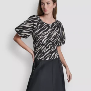 Women's Printed Scoop Neck Short-Puff-Sleeve Top