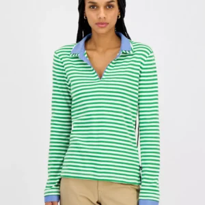Nautica Women's Striped Double Collar Long Sleeve Cotton Shirt
