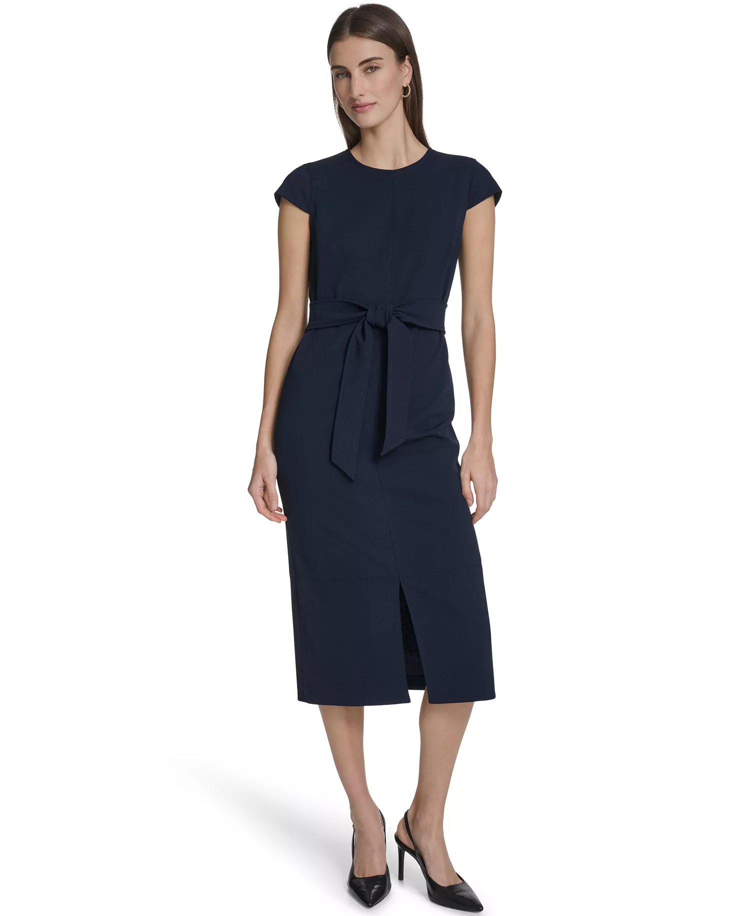 mni-11936bccfa17c1804bf7c7a0016d6bd7 Women's Tie-Front Crew Neck Midi Dress