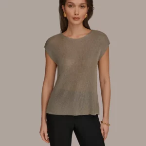 Women's Sleeveless Metallic Crew Neck Sweater
