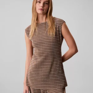 Women's Plisse Print Boat Neck Tunic Top