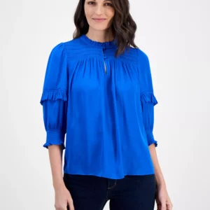 Women's Smocked Ruffle-Trim Elbow-Sleeve Top