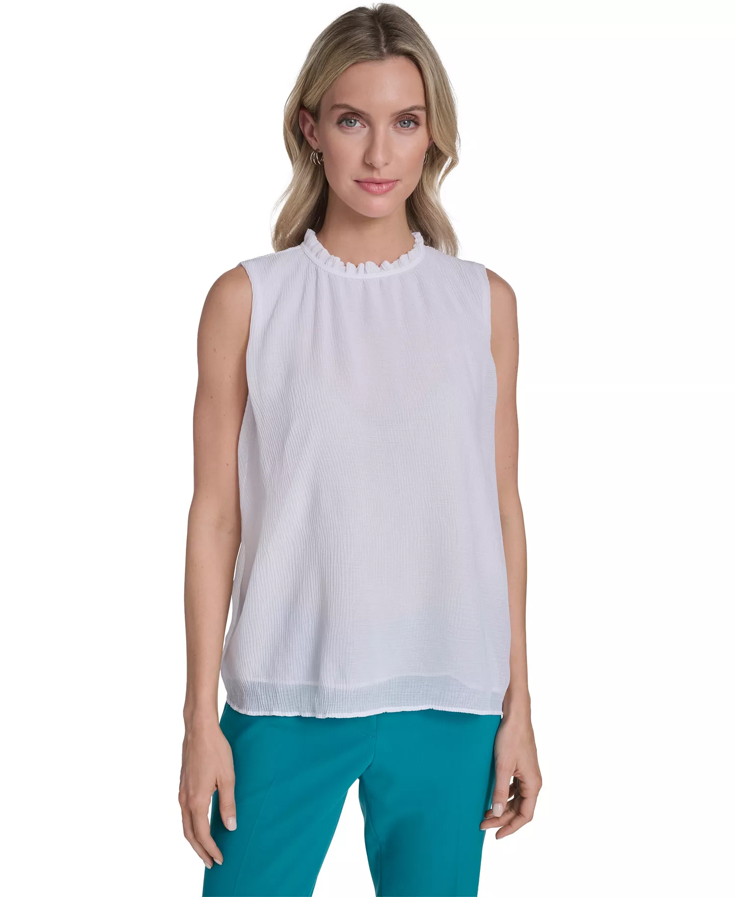 mni-1732b7e136f22044be7b173cf48d3e49 Women's Sleeveless Ruffle Neckline Top
