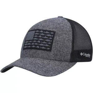 Men's Heathered Charcoal, Black PFG Fish Flag COOLMAX Trucker Snapback Hat