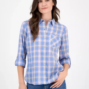 Nautica Women's Cotton Crinkle Plaid Roll-Tab Shirt