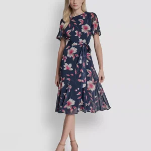Women's Short Godet-Sleeve Jewel Neck Midi Dress
