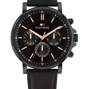 Men's Multifunction Black Leather Watch 44mm
