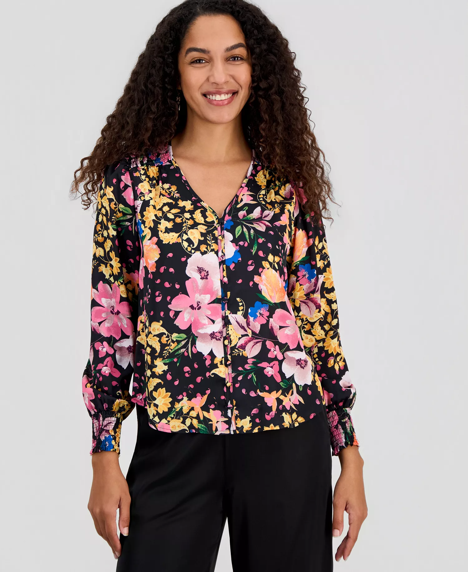 mni-19d39b047b9f3c2f39c1c8deba7387b3 Women's Printed V-Neck Pleated-Back Top