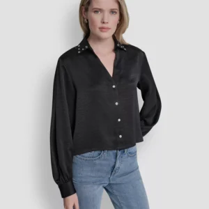 Women's Studded Collar V-Neck Shirt