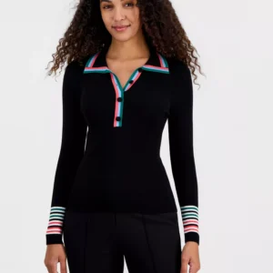 Women's Striped-Trim Collared Button Top
