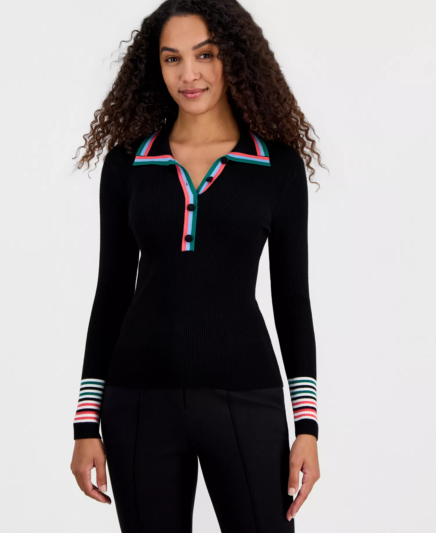 mni-1b11b6f5840588b4e7e48a1e63a90d96 Women's Striped-Trim Collared Button Top