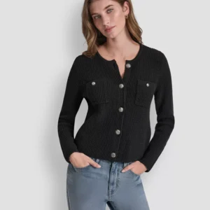 Women's Long-Sleeve Tuck Stitch Crewneck Cardigan