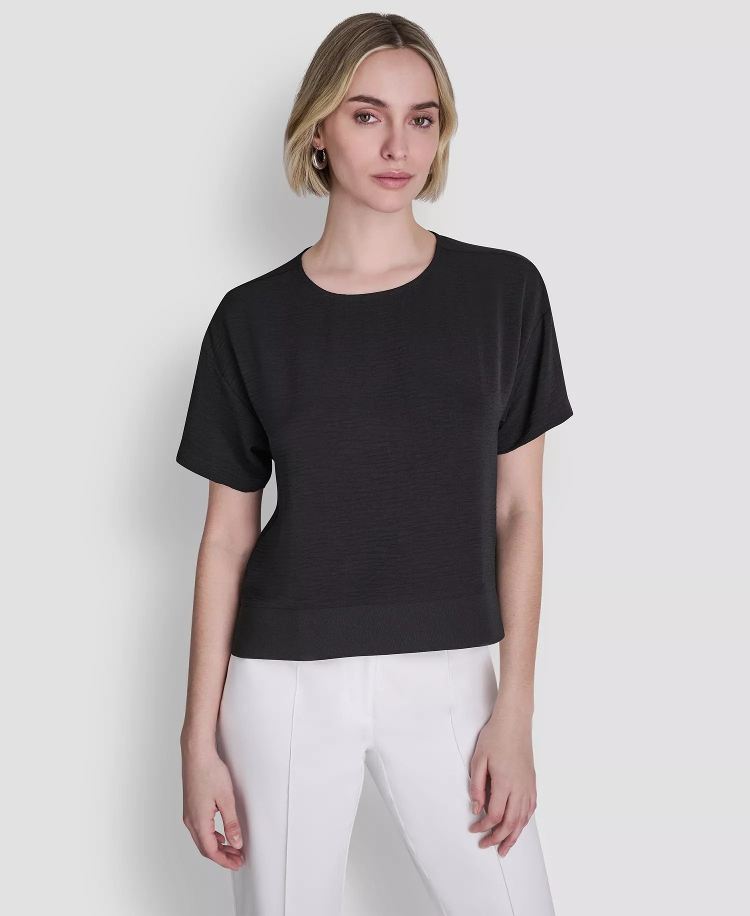 mni-1bbf9129200733b7edf779f77c121d7d Women's Textured Woven Short-Sleeve Crew Neck Top