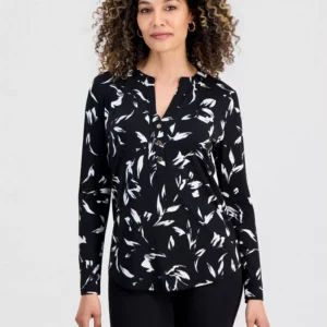 Petite Printed Button-Front Knit Top, Created for Macy's