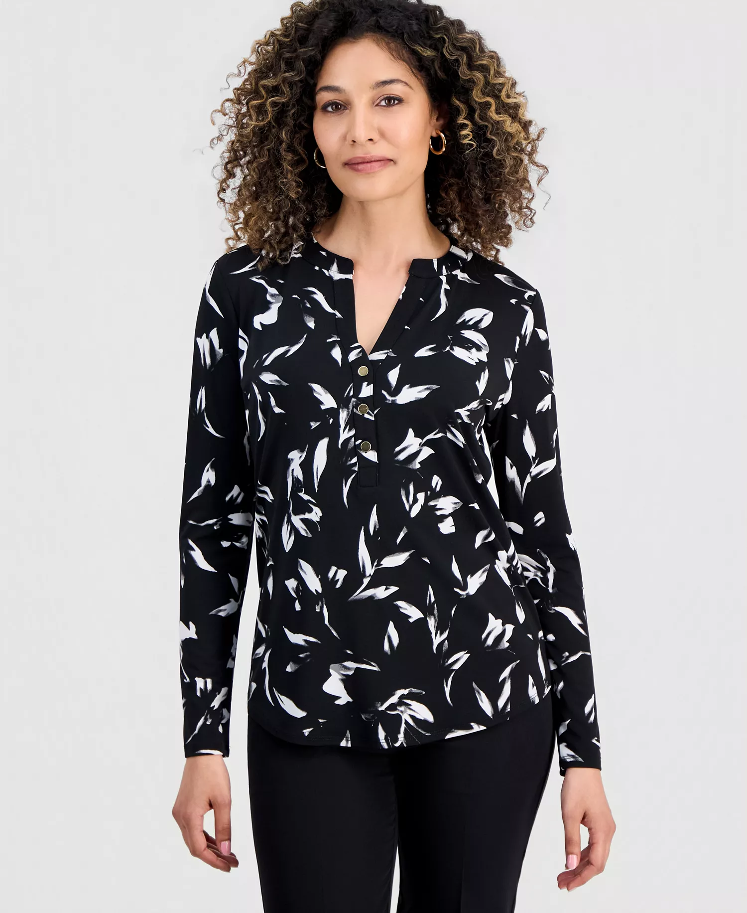 mni-1c1b904f7914f82b06c42c9dc7ce7957 Petite Printed Button-Front Knit Top, Created for Macy's