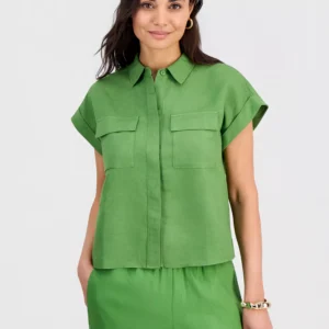 Petite Linen-Blend Short-Sleeve Button-Front Shirt, Exclusively at Macy's