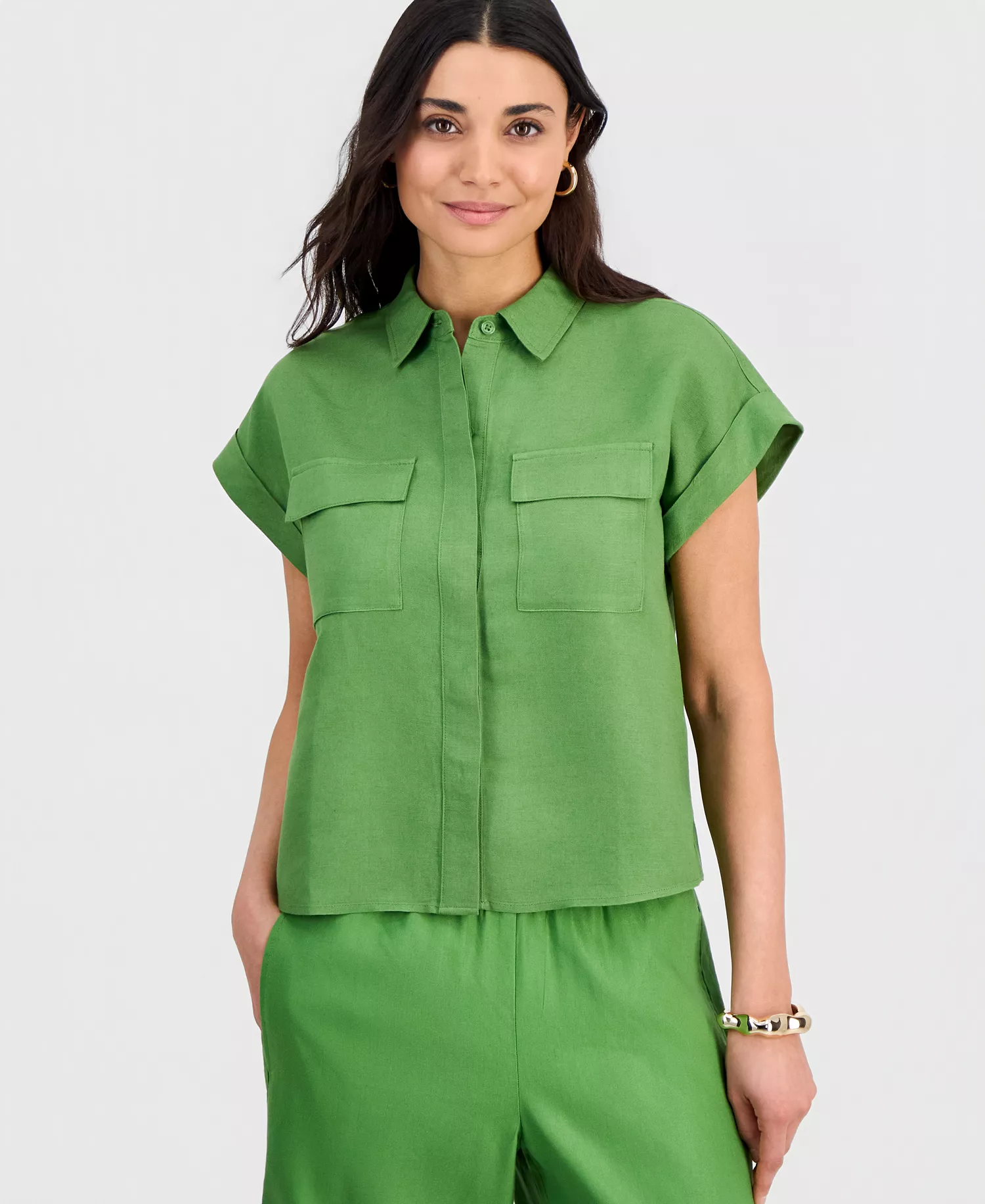 mni-1c8ce0ddb20546d917a3e1bd54ac4e8c Petite Linen-Blend Short-Sleeve Button-Front Shirt, Exclusively at Macy's