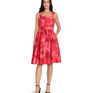 Women's Square Neck Printed Jacquard Fit and Flare Dress