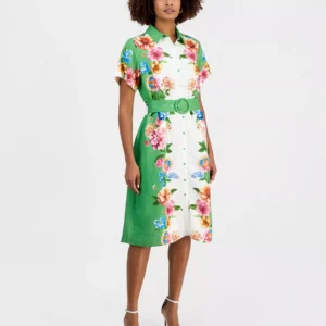 Women's Printed Belted Button-Front Midi Dress