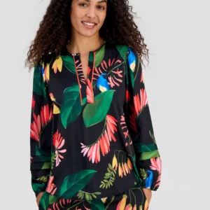Women's Floral-Print Split-Neck Piping Blouse