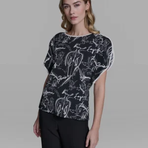 Women's Printed Split-Sleeve Crew Neck Top