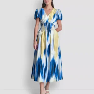 Women's Printed V-Neck Smocked Midi Dress