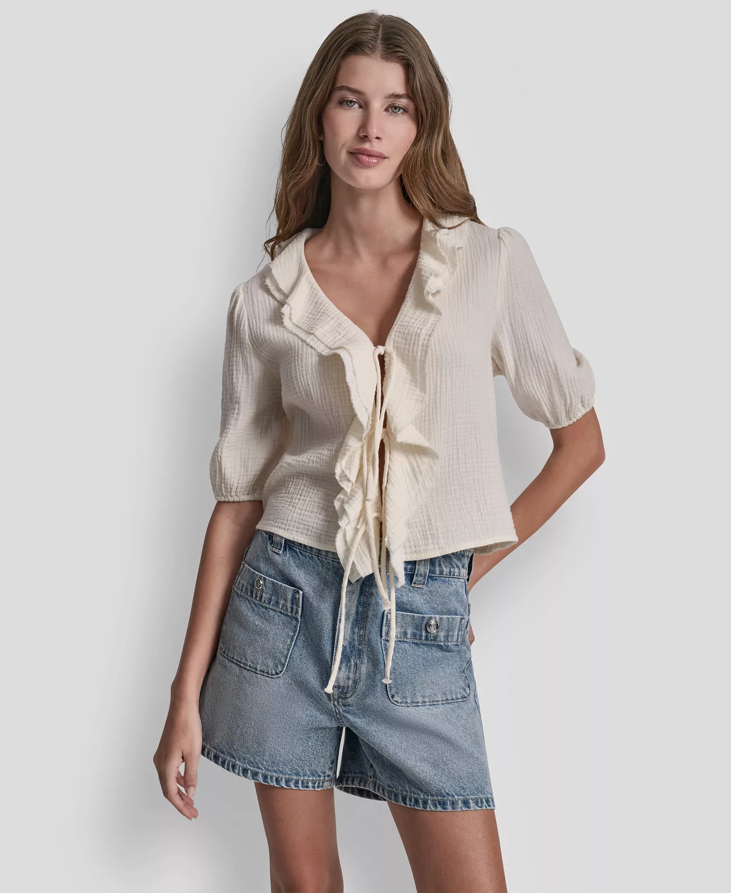 mni-210525565c226da041651b089c0ab023 Petite Puff Short-Sleeve Tie-Front V-Neck Shirt
