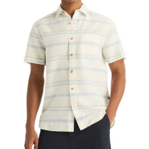 Men's Short-Sleeve Linen-Blend Horizontal Stripes Shirt
